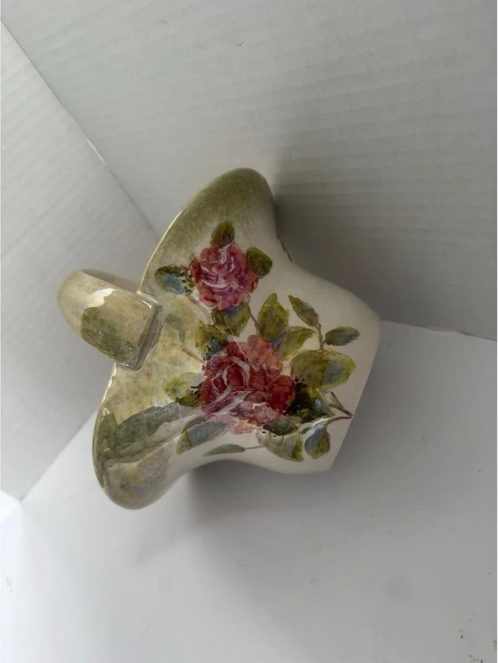 Vintage Ceramic Floral Basket Vase — Pink Roses & Iridescent Luster Glaze